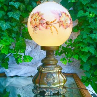 Antique Ornate Brass Electrified Oil Hurricane Lamp Painted Floral Globe Shade