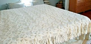 Antique Hand Crocheted Cotton Bedspread Off White 84” X 78”,  Fringe On 2 Sides