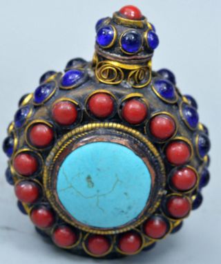 Collectable Old Art Auspicious Copper Inlay Colour Agate Turquoise Snuff Bottle