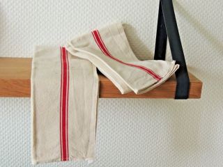 Antique 2 French Tea Towels Linen Metis - Vintage Red Stripe Country Kitchen