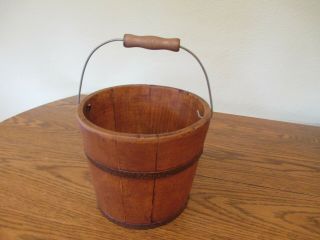 Primitive Small Wooden Berry Bucket Pail Old Vintage Wood Handle 6 1/4 " Tall