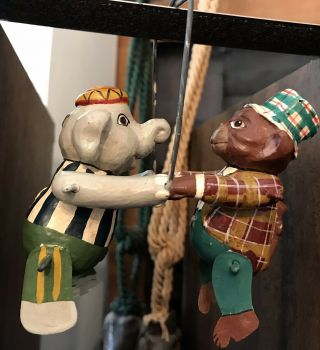 Antique Paper Mache Circus Toy - Trapeze Elephant/monkey - Almost - 3.  5” Tall.