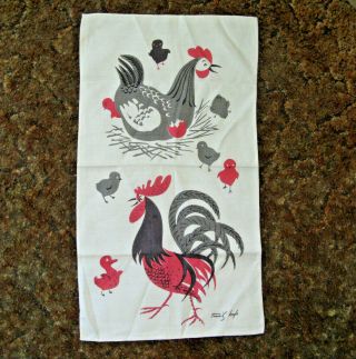 Tammis Keefe Signed Mid Century Linen Kitchen Towel Rooster Hen Chick
