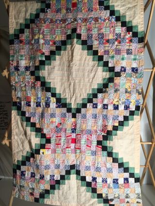 ANTIQUE PATCHWORK QUILT TOP TABLE RUNNER HAND SEWN FEEDSACK SMALL SQUARES 54” 2