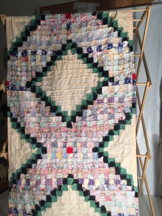 ANTIQUE PATCHWORK QUILT TOP TABLE RUNNER HAND SEWN FEEDSACK SMALL SQUARES 54” 5