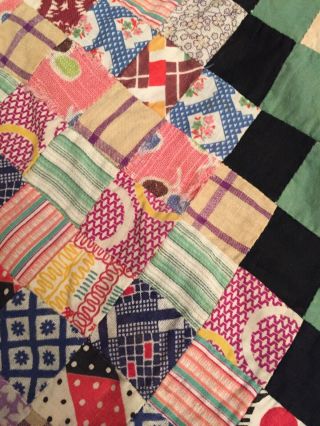 ANTIQUE PATCHWORK QUILT TOP TABLE RUNNER HAND SEWN FEEDSACK SMALL SQUARES 54” 7
