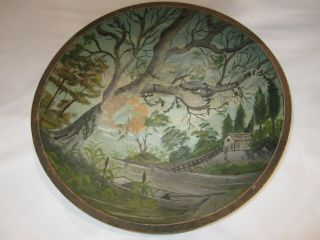 Antique Primitive Wooden Bowl Hand Painted Scene In Wood Bowl Folk Art