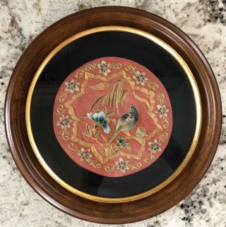 Framed Round Chinese Silk Embroidery Panel Bird Flower With Round Frame