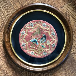 Framed Round Chinese Silk Embroidery Panel Bird Flower With Round Frame 2