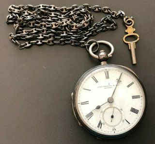 John Hewitt & Son London Silver Fusee Key Wind Pocket Watch W/ Chain,  Key