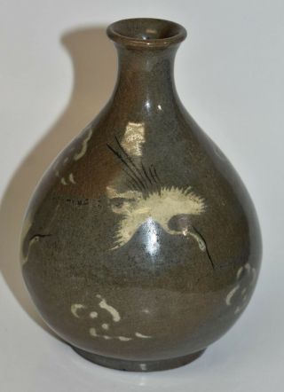 Antique Korean Celadon Inlaid Porcelain Vase Cranes & Clouds 5.  5 "
