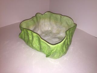 Antique Wannopee Pottery Trademark Large Lettuce Leaf Majolica Salad Bowl Server