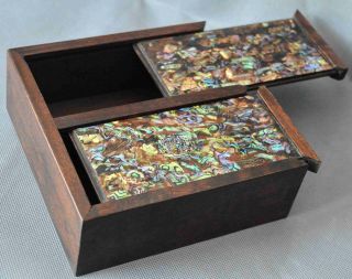 Collectable Handwork Old Boxwood Inlay Shell Ancient King Palance Jewelry Box 2