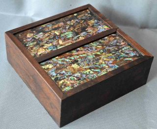 Collectable Handwork Old Boxwood Inlay Shell Ancient King Palance Jewelry Box 4