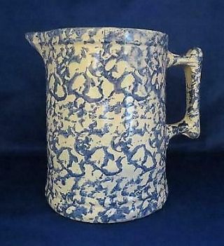 Antique 7 " Blue & White Spongeware Stoneware Pitcher W/ Square Handle - Exc.  Cond