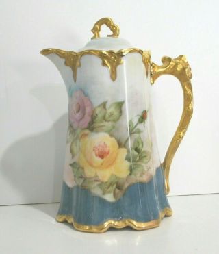 Antique Chocolate Lidded Pot Gold Gilt Hand Painted In Usa Roses Fine Porcelain