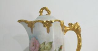 Antique Chocolate Lidded Pot Gold Gilt Hand Painted in USA Roses Fine Porcelain 2