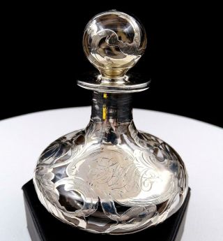 Art Nouveau Sterling Silver Overlay Flower & Vine 3 5/8 " Perfume Bottle 1900 