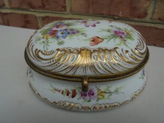 Antique Meissen Style Porcelain Hp Bronze Mounted Jewelry Trinket Box Much Gold