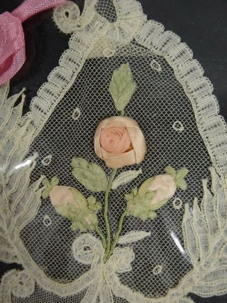 Lovely Vintage Tape Lace With Pink Ribbonwork Flowers