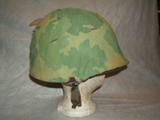 Vietnam War Era Helmet W/ Mitchell Leaf Pattern Camo Camouflage Cover 1960s Vtg