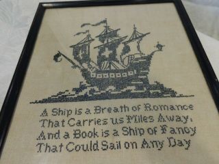 Antique Vintage Ship Victorian Needlepoint Handmade B&w Tapestry W/quote Framed