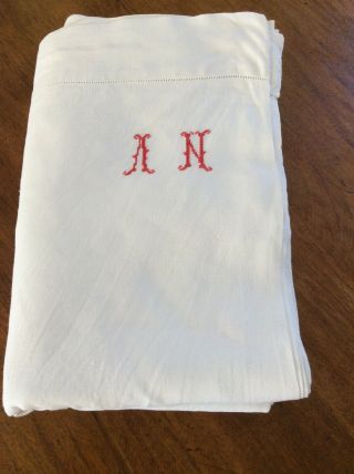 Vintage French Linen Sheet With Red Cross Stitch Initials