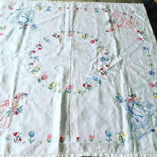 Pretty Vintage Hand Embroidered Crinoline Lady Linen Table Cloth