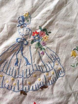 Pretty Vintage Hand Embroidered Crinoline Lady Linen Table Cloth 4