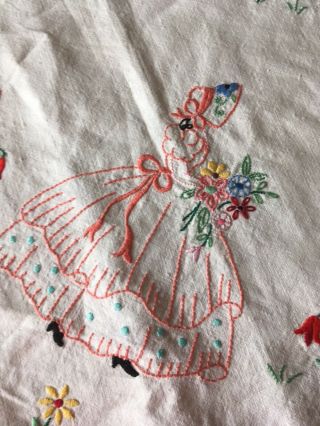 Pretty Vintage Hand Embroidered Crinoline Lady Linen Table Cloth 5