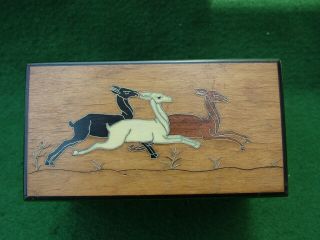 1920’s Burl Wood Art Deco Cigarette Box Inlaid Silver Ebony Casein Leaping Deer
