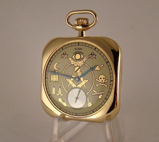Antique Elgin 14k Gold Filled Cushion Case Open Face Masonic Dial Pocket Watch