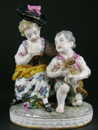Rare Dresden Figurine Group – Boy And Girl With Dog – Early 20th Century.