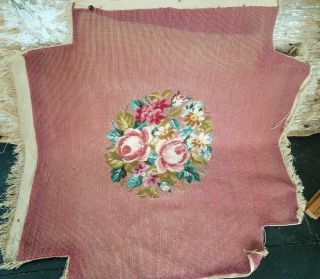 Vtg Embroidered Wool Needlepoint Tapestry Chair Seat Stool Cover Pink Floral
