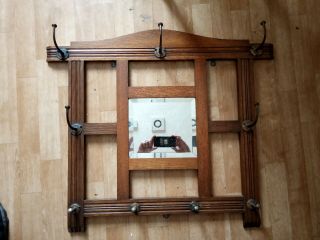 Antique Oak Wall Mounted Coat Hook Rack Brass Hooks With Mirror