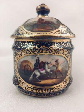 C.  1820 Old Paris Porcelain Powder Jar Sugar Box Don Quixote Dr Syntax Scenery