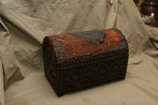 Antique Early 19th C Leather Covered Wood Dome Top Storage Box Repair