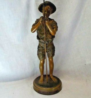 Old Antique Bronze Boy Fishing Statue Spelter Figurine French Le Petite Pecheur