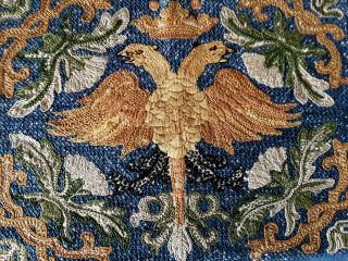 Vintage Arts & Crafts Hand Embroidered Tapestry Panel Picture 2 Headed Eagle