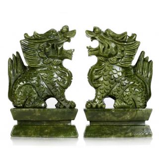 A Pair 100 Natural China Green Jade Carved Fengshui Kylin Qilin Chi - Lin Beast
