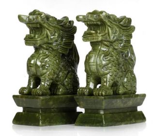 A Pair 100 Natural China Green Jade Carved Fengshui Kylin Qilin Chi - lin Beast 2