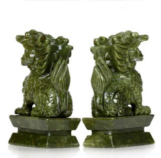 A Pair 100 Natural China Green Jade Carved Fengshui Kylin Qilin Chi - lin Beast 3