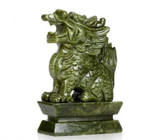 A Pair 100 Natural China Green Jade Carved Fengshui Kylin Qilin Chi - lin Beast 4