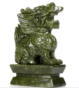 A Pair 100 Natural China Green Jade Carved Fengshui Kylin Qilin Chi - lin Beast 5