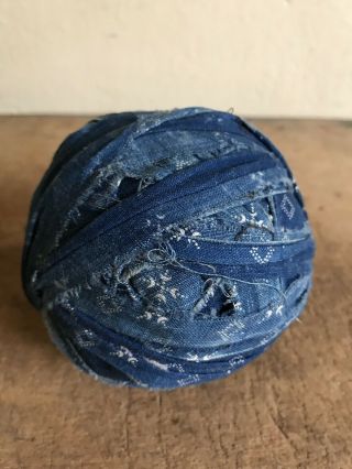 Sweet Early Antique Indigo Blue Calico Large Rag Ball Textile Aafa