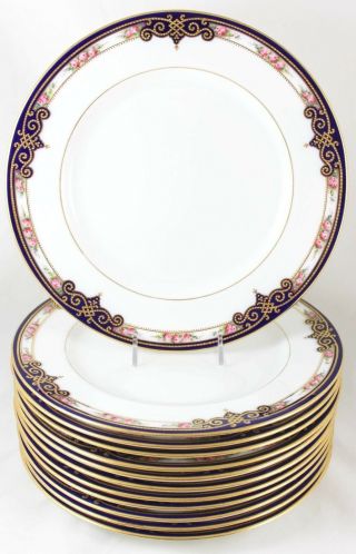 Set (s) 6 Gold Encrusted Dinner Plates Spode China R3325 Cobalt Blue Pink Rose
