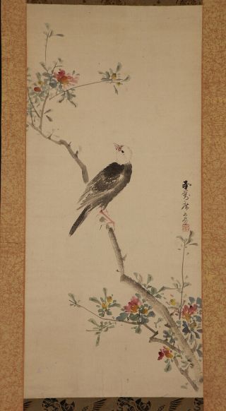 Japanese Hanging Scroll Art Painting " Bird And Flower " Asian Antique E7375