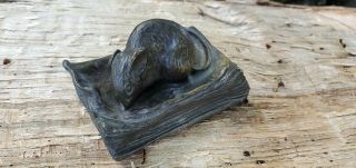 Antique French Art Nouveau Mouse On Book Bronze Paperweight