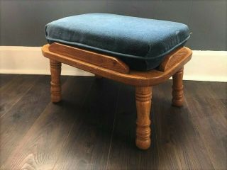 Vintage Wood Base Footstool Bench Blue Cushion Livingroom 20 " L Ottoman
