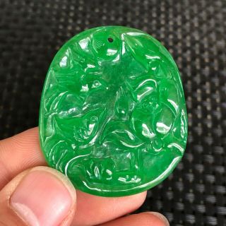 Chinese Collectible Green Jadeite Jade Carve Handwork Rare Lotus & Birds Pendant